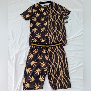 Black Gold Chain Pot Weed Leaf T-Shirt & Drawstring Shorts Set Mens Streetwear